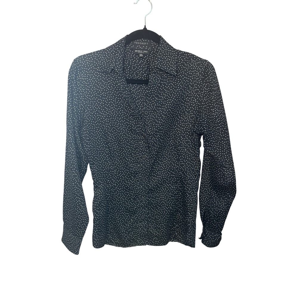 Foxcroft Womens Button Down Shirt 6 Black Polka Dot Wrinkle Free Fitted Classic‎